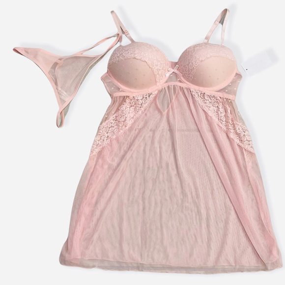 Scalloped Lace Babydoll & Thong 2-piece Set In Pink -Medium - Picture 6 of 9